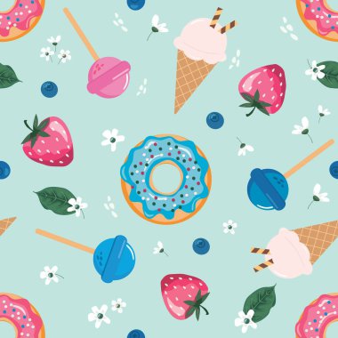 Doğumgünü şekerlemeleriyle kusursuz desen. Kız gibi. Vektör