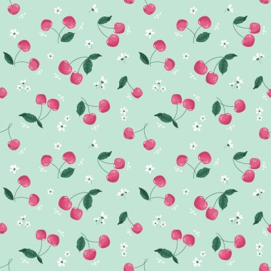 Kirazlı ve çiçekli bahar, pürüzsüz desen. Tekstil, kumaş, dekoratif kağıt için karikatür. Raster illüstrasyonu