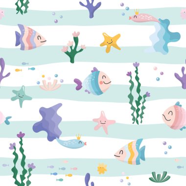 Şirin deniz balığı karakterleri çizgi filmlerde kusursuz desenler. Deniz çizgili arka plan. Çocuklar için tekstil, defter kapağı, ambalaj kağıdı. Vektör