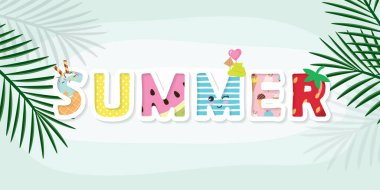 Yaz tropik afişi. Çizgi film tatlı mektupları. Kopya uzayı ile yatay şablon. Vektör