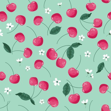 Kiraz ve çiçekli, kusursuz yaz deseni. Tekstil, kumaş, dekoratif kağıt için karikatür. Vektör illüstrasyonu