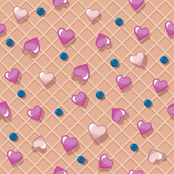 Wafer Seamless Pattern Decorated Hearts Berries Sweet Cartoon Background Vector — 图库矢量图片