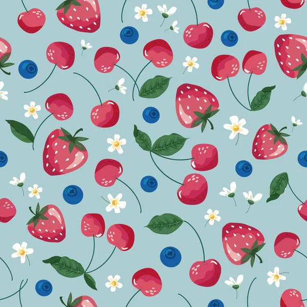 Fruits Seamless Pattern Strawberry Cherry Blossom Romantic Vintage Background Textile — Stock Vector