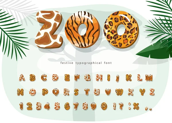 Zoo animals cartoon font. Jaguar, cheetah, tiger, giraffe fur print alphabet. Jungle adventure letters and numbers. For kids clothes, t shirt, birthday card. Vector Stock Illustration