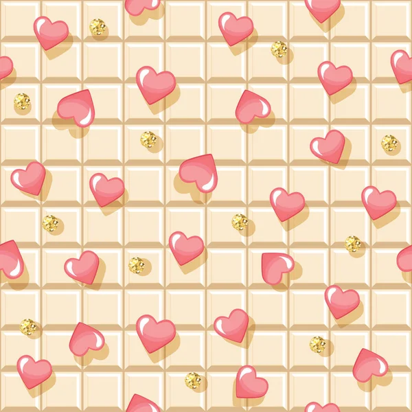 Witte chocoladereep naadloze achtergrond, versierd met hartjes en glitter stippen. Feestelijk romantisch patroon voor een verjaardag, bruiloft, Valentijnsdag. Vector — Stockvector