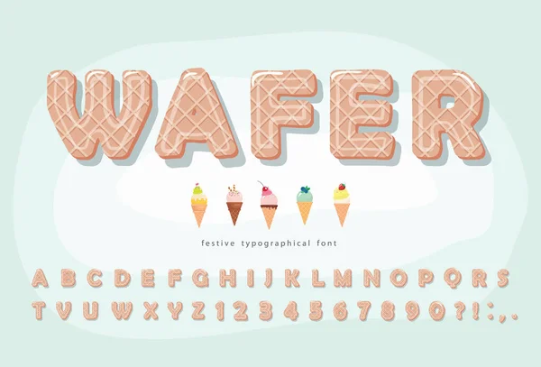 Wafer ice cream font. Lindo alfabeto de dibujos animados. Dulces letras y números. Para cumpleaños, baby shower, San Valentín, tienda de dulces. Vector — Vector de stock