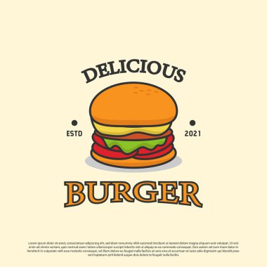 Lezzetli Burger mağazası logo rozet tasarımı vektör çizimleri, fast food logo imajı için en iyisi