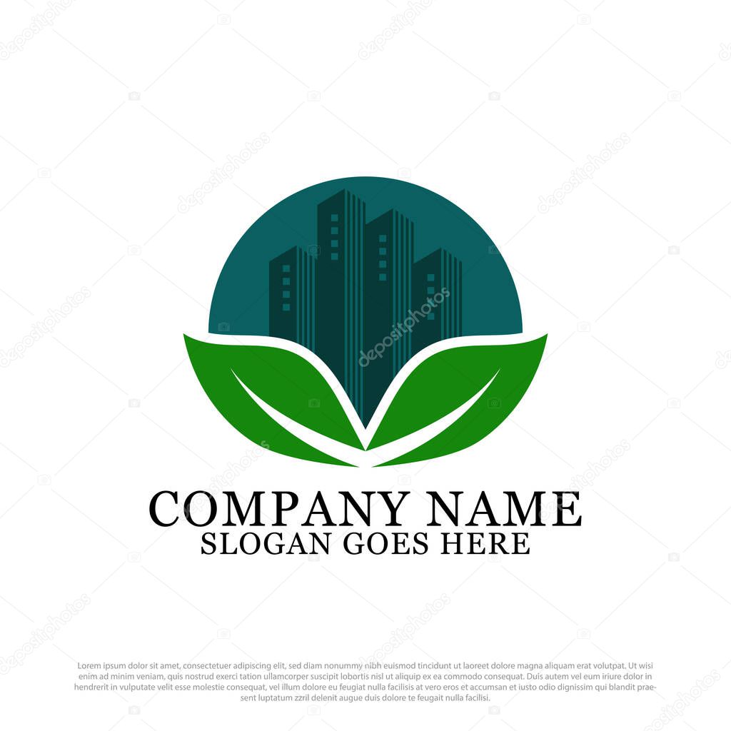 Green leaf apartment logo design vector, best for building and construction logo inspiration