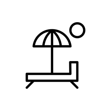 ana hatlı plaj sandalyeleri ve şemsiye logosu ikonu vektörü, mutlu yaz plaj tasarımı illüstrasyonu