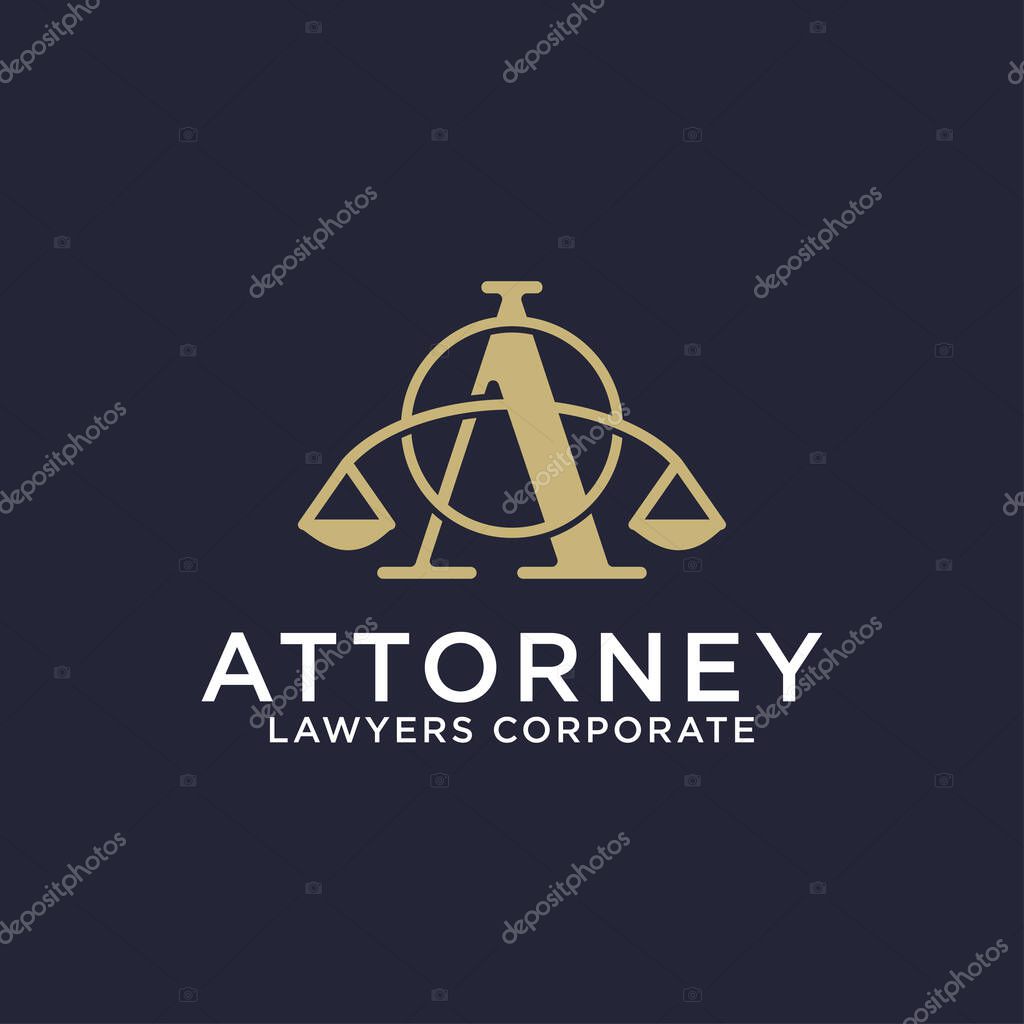 Luxury Attorney law firm logo design idea, letter A logo icon with scales and shape vector illustrations
