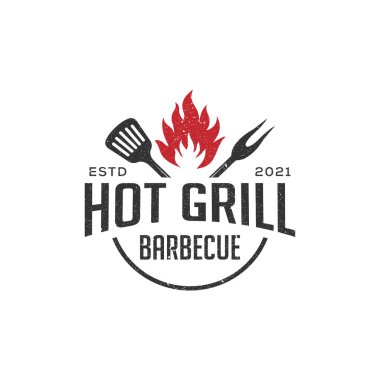 Rustik barbekü logosu tasarımı, bar ve ızgara vektör çizimi, yemek için en iyisi, restoran logosu fikri