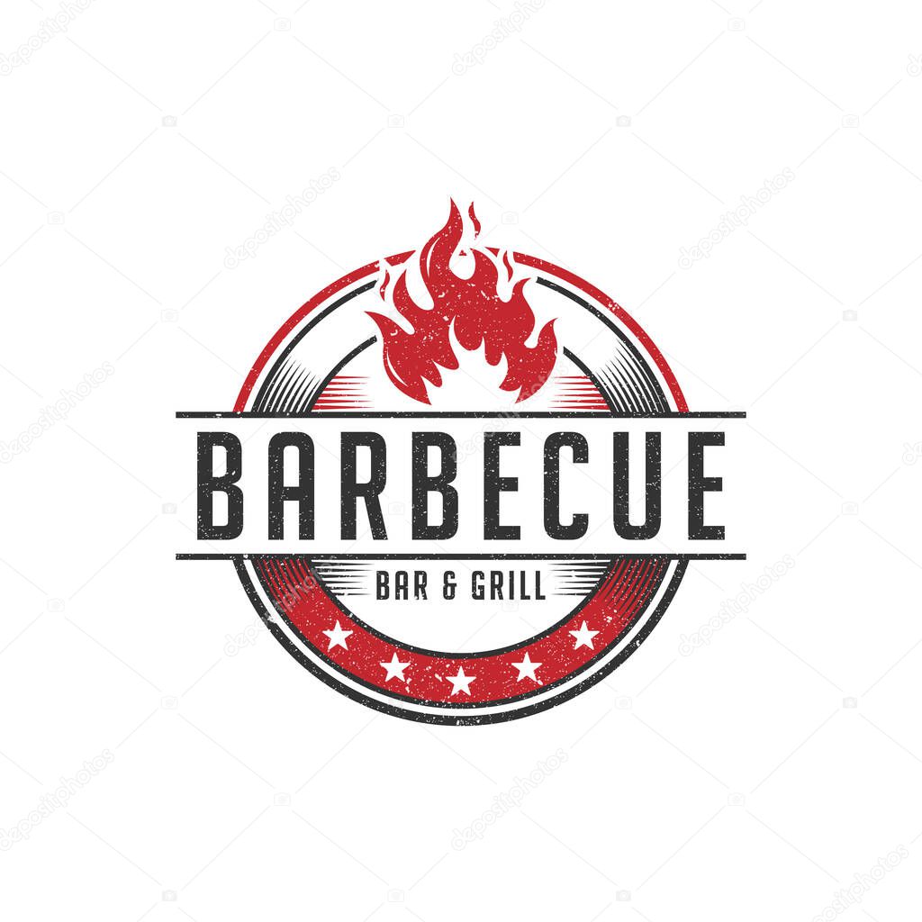 Rustic Barbecue bar and grill logo design vector, vintage retro restaurant badge sign symbol