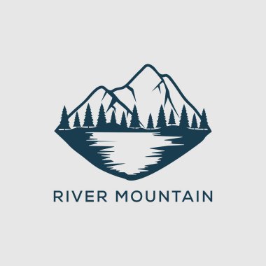 River Mountain logo tasarım sembolü, açık hava macera vektör çizimi için en iyisi