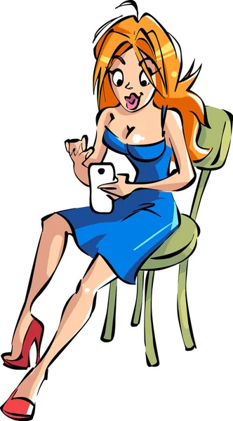 Desenhos animados menina bonita com telefone sentado em uma cadeira — Vetor de Stock