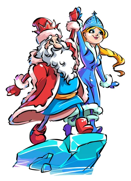 Cartoon Russian Santa Claus and snow maiden stand on an ice floe holding hands — Stock Vector