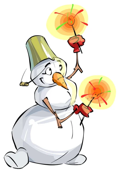 Vtipné kreslené sněhulák světla jiskry a úsměvy — Stockový vektor