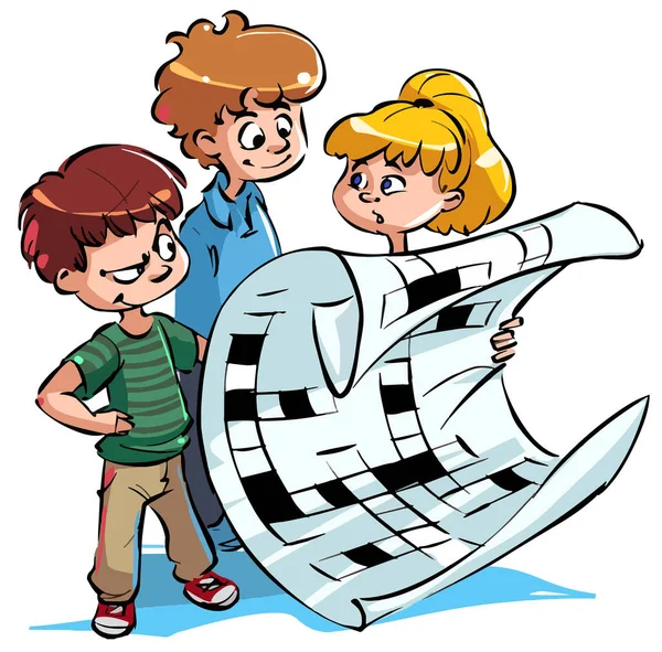 Leuke cartoon jongen en meisje op te lossen een kruiswoordpuzzel — Stockvector