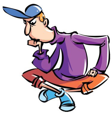 Çizgi film. Bir adam yerde oturur ve bacak bacak üstüne atar ve düşünür.