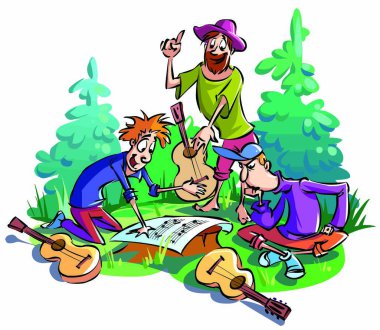 Ormanda üç gitarist notalara bakıyor, tartışıyor ve tartışıyorlar.