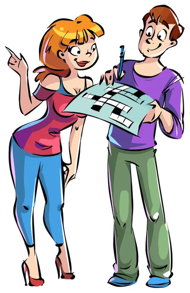 Drôle de dessin animé d'un couple résoudre un puzzle de mots croisés — Image vectorielle