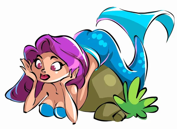 Cartoon funny mermaid lies on a rock and dreams — Wektor stockowy