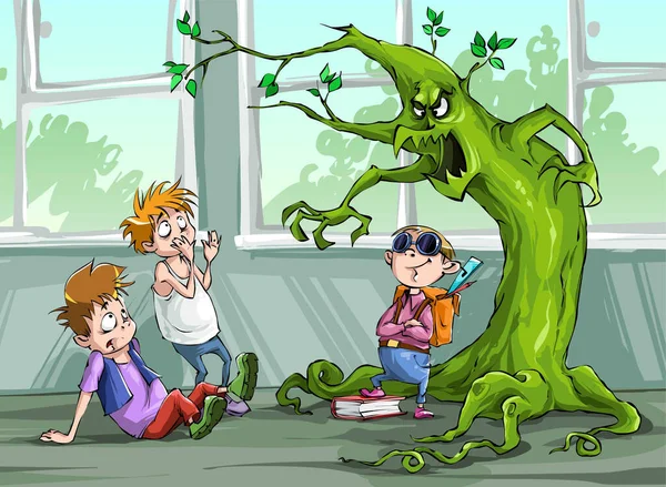 Karikatuur Schooljongen Nerd Bril Zijn Monster Vechten Terug Pestkoppen — Stockfoto