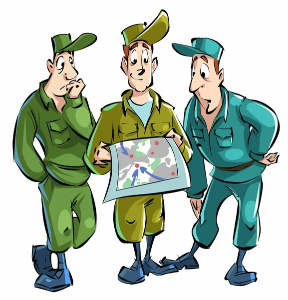 卡通画三个滑稽的士兵站在那里 若有所思地看着地图 — 图库矢量图片