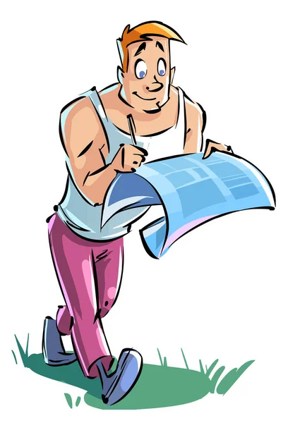 Cartoon Cheerful Young Man Walks Reads Newspaper — Image vectorielle