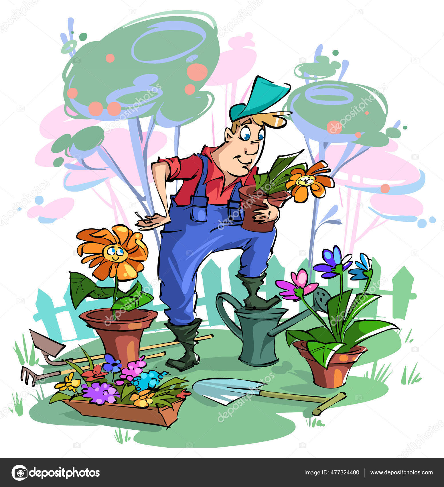 Funny Cartoon Gardener Planted Flowers Man Flower Come Life Character Stock  Vector Image by ©KseniyShved #477324400