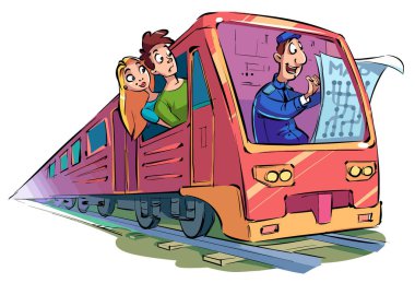 Komik karikatür tren şoförü trenin taksisinde oturur ve haritaya bakar. Tren şoförü ve yolcular pencereden dışarı bakar..