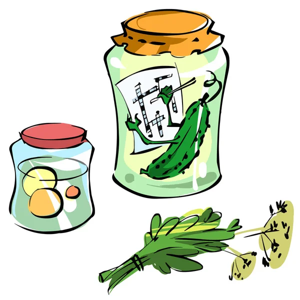 Deux Pots Verre Légumes Marinés Concombre Mariné Résout Puzzle Mots — Image vectorielle