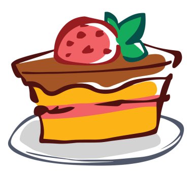 Çilekli çikolatalı pasta karikatürü. Tabakta çikolata sarısı Sünger keki.