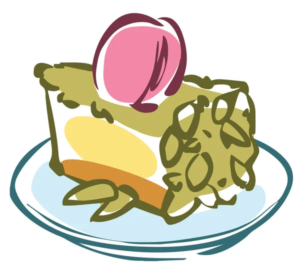マカロンで飾られたアーモンドと漫画のナッツケーキ 皿のイラストにスポンジケーキのピース — ストックベクタ