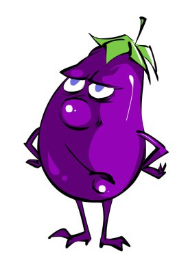 Mor, inatçı çizgi film patlıcan karakteri. Şirin sebzeler vektör illüstrasyonu Eko Gıda simgesi.