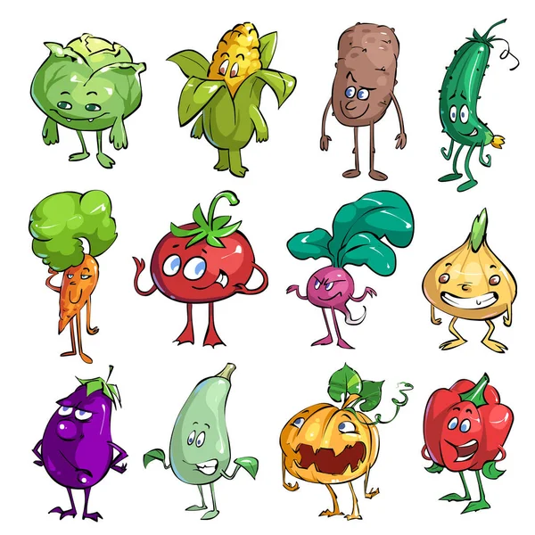 Divertido Conjunto Personajes Dibujos Animados Verduras Lindo Vector Verduras Ilustración — Vector de stock