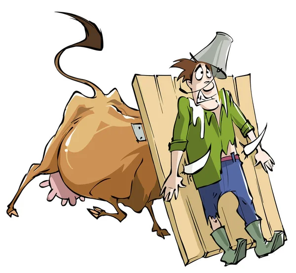 Desenhos Animados Carikature Agricultor Não Poderia Ordenhar Uma Vaca Vaca —  Vetores de Stock