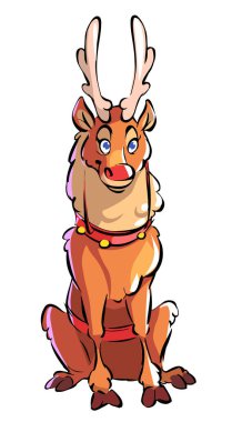 Çizgi film sevimli geyik oturuyor. Noel Baba Noel Geyiği. Kırmızı burunlu ren geyiği.