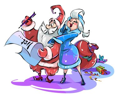 Çizgi film Noel Baba ve Kar Kızı listeyi okudu. Büyükbaba Frost ve Kar Kızı beyaz arka planda Komik Yeni Yıl karakterleri.