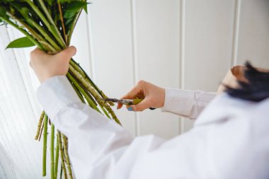 Çiçekçi dükkanında budama makası ile budama işlemi..