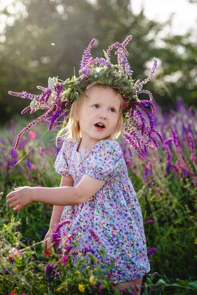 Маленькая счастливая блондинка в шалфетном венке и красочное платье в летнем цветущем поле — стоковое фото