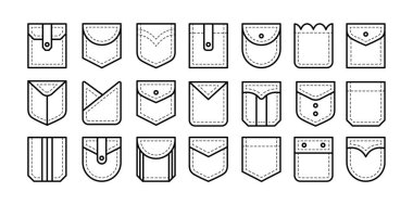 Kapağı, düğmesi ve pili olan farklı tip yama cepleri. Erkek ve kadın gömleği, kot pantolon cepleri. Günlük giysiler. Satır simgesi ayarlandı. Vektör çizimi. Beyaz arkaplanda izole nesneler