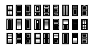 Açık pencere ahşap panjurları. Düz simge seti. Ev ve kulübe için eski pencere perdeleri. Dış dekoratif elementler. Beyaz arkaplanda izole nesneler