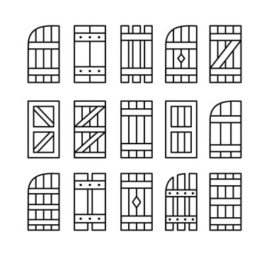 Açık hava kırsal pencere ahşap kepenkler. Satır simgesi ayarlandı. Ev ve kulübe için eski pencere perdeleri. Dış dekoratif elementler. Beyaz arkaplanda izole nesneler