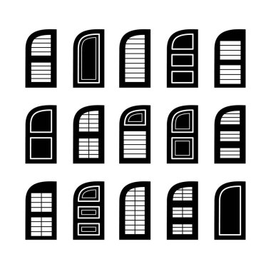 Açık hava penceresi ahşap panjurlar. Düz simge seti. Ev ve kulübe için eski Fransız kemerli pencere perdeleri. Dış dekoratif elementler. Beyaz arkaplanda izole nesneler