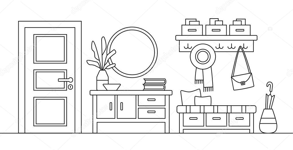 Line sketch of hall interior. Cozy home hallway with door, mirror and modern furniture. House entrance background. Outline black and white vector illustration