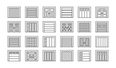 Garage doors closed. Line icon set. Various types of warehouse or workshop gates. Vector illustration with exterior design signs. Isolated objects on white background