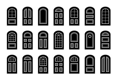 Entry wooden arch doors. Interior and exterior architecture elements. Front and back doors. Flat icon collection. Isolated objects on white background