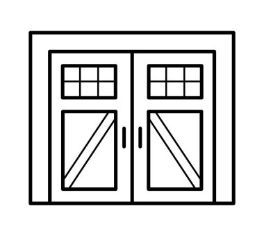 Side hinged vintage garage door in rustic country style. Black & white vector illustration. Line icon of closed warehouse or barn gate. Symbol for exterior design. Isolated object on white background