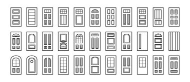 Entry wooden panel and glass doors. Interior and exterior architecture elements. Front and back doors. Line icon collection. Isolated objects on white background.