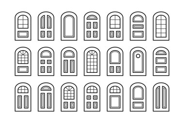 Entry wooden panel and glass doors. Interior and exterior architecture elements. Front and back arch doors. Line icon collection. Isolated objects on white background.